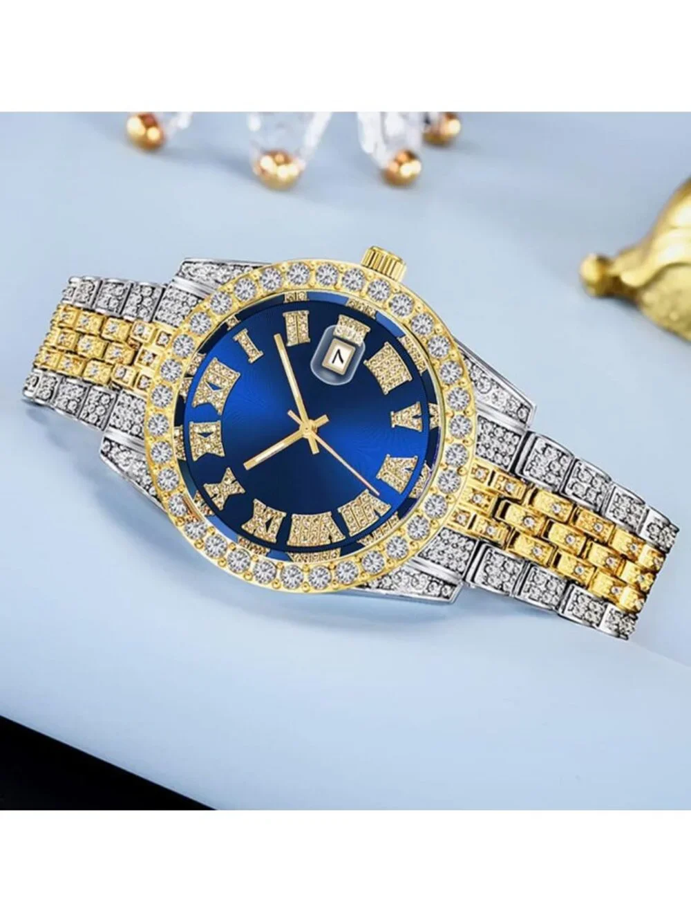 Mens Silver Blue Analog Crystal Rhinestone Diamond Iced-Out Bracelet Wrist Watch